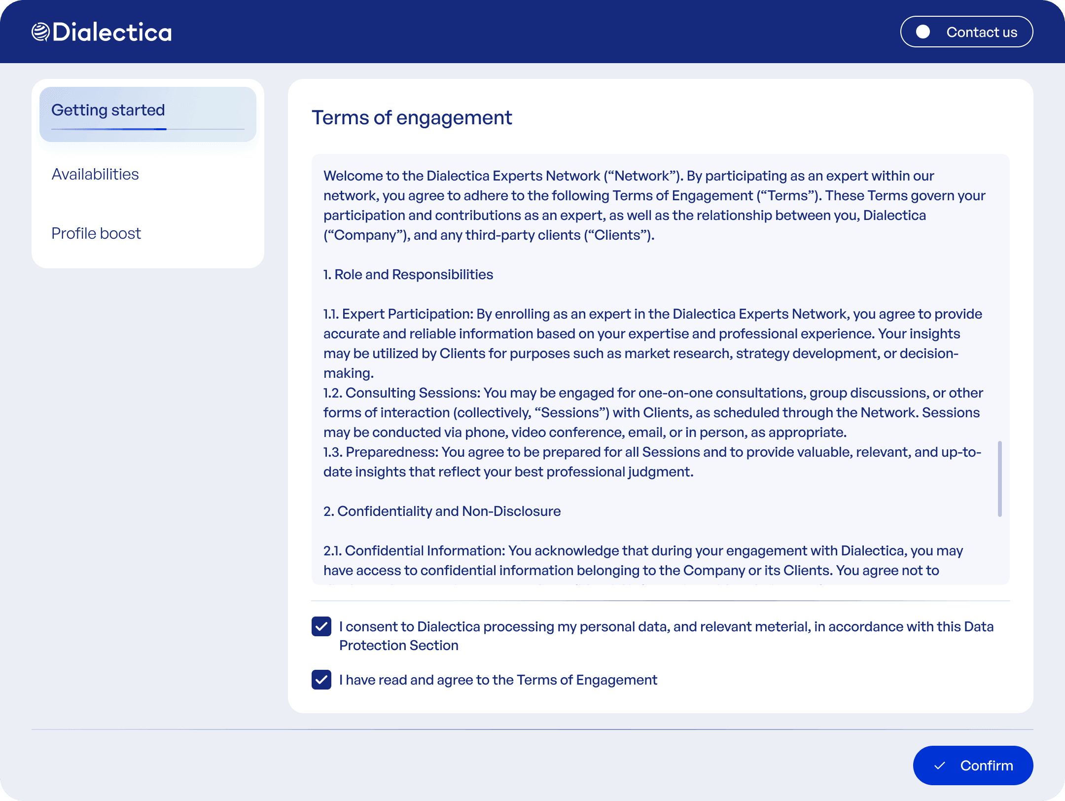 The Terms sub-step of Getting Started: obligations to read, with two consent checkboxes and a single Confirm